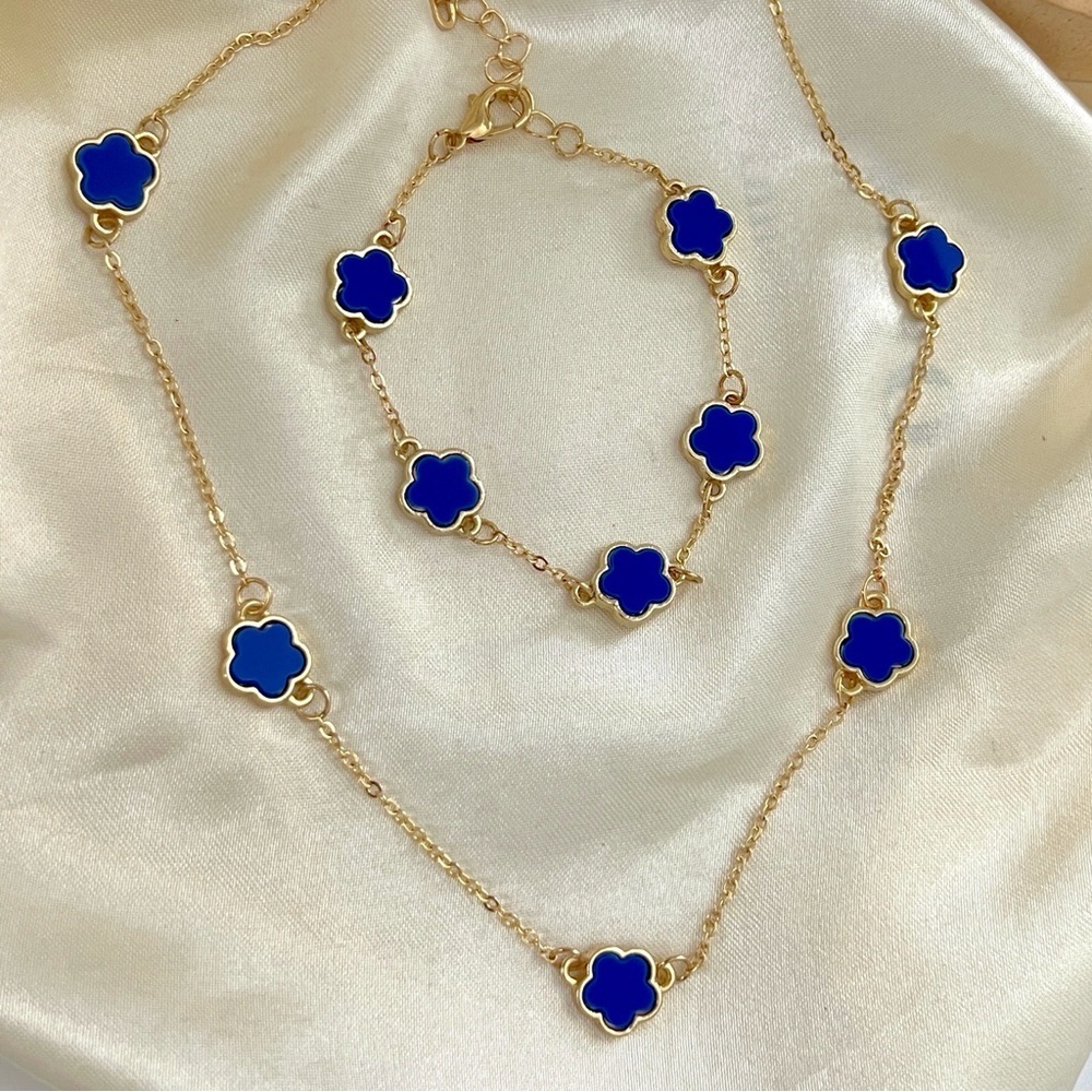 18K Gold Plated blue clover necklace set Jewelry womens